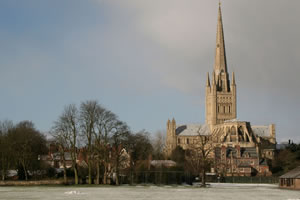 Norwich Cathredral from sports field in winter